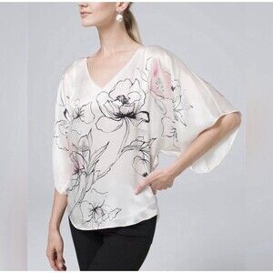 White House Black Market Black Pink Floral Silk Blouse size M